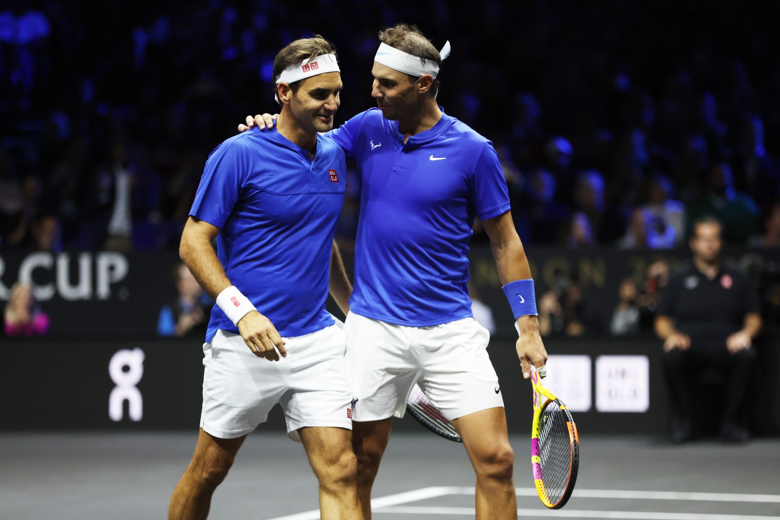 Roger Federer and Rafael Nadal walking off court at the 2022 Laver Cup