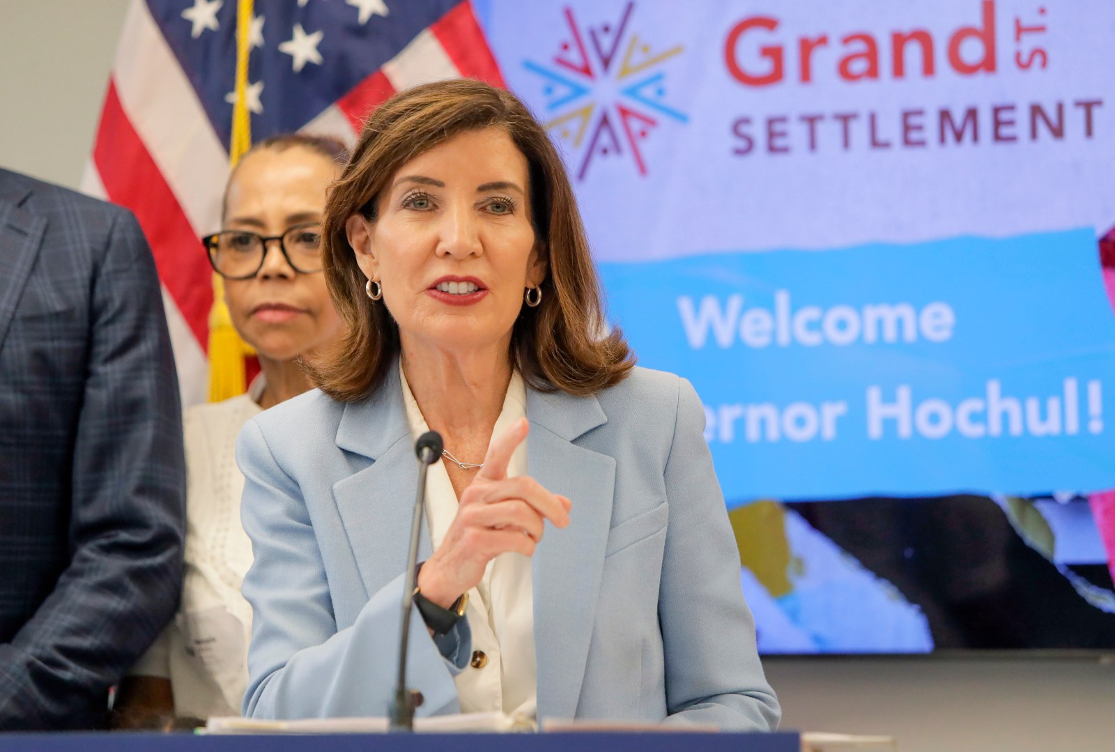 Gov. Kathy Hochul speaking at a press conference in New York City